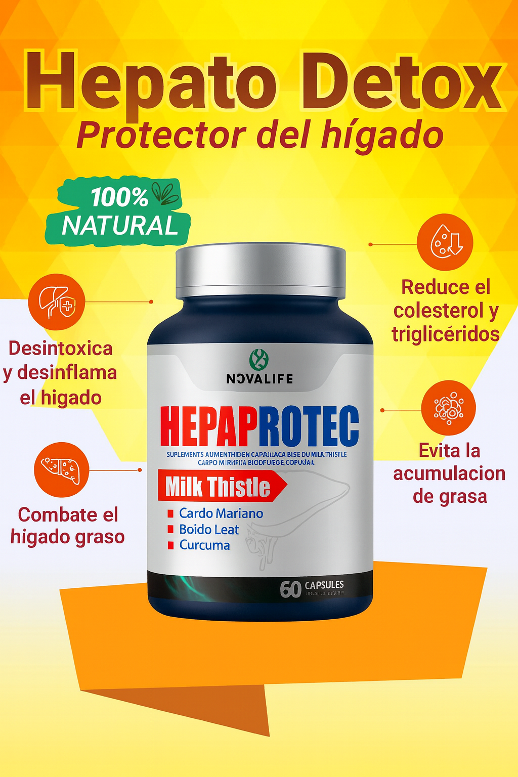 HEPAPROTEC – Milk Thistle | Fórmula Natural Premium con Cardo Mariano, Boldo y Cúrcuma | 60 Cápsulas
